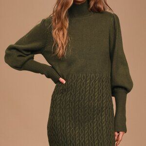 Lulus Fresh Perspective Olive Green Knit Turtleneck Sweater Dress - Size S